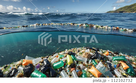 Free-floating industrial plastic waste in the ocean and on beaches, massively polluting coastal regions and waters around the world - ai generated 112102732