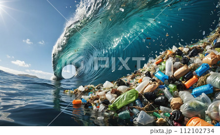 Free-floating industrial plastic waste in the ocean and on beaches, massively polluting coastal regions and waters around the world - ai generated 112102734