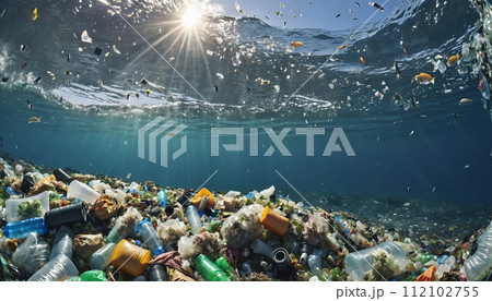 Free-floating industrial plastic waste in the ocean and on beaches, massively polluting coastal regions and waters around the world - ai generated Free-floating industrial plastic waste in the ocean and on beaches, massively polluting coastal regions and waters around the world - ai generated 112102755