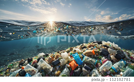 Free-floating industrial plastic waste in the ocean and on beaches, massively polluting coastal regions and waters around the world - ai generated Free-floating industrial plastic waste in the ocean and on beaches, massively polluting coastal regions and waters around the world - ai generated 112102781