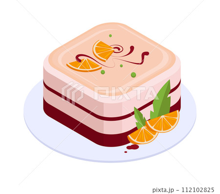 Isometric festive cake. Chocolate or vanilla cake with frosting and fruits, sweet pastry cake 3d vector illustration. Birthday party baked cake Isometric festive cake. Chocolate or vanilla cake with frosting and fruits, sweet pastry cake 3d vector illustration. Birthday party baked cake 112102825