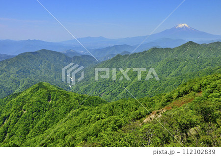 丹沢山地の不動ノ峰から 緑の山地と富士山 丹沢山地の不動ノ峰から 緑の山地と富士山 112102839