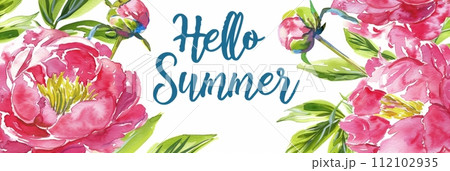 Watercolor illustration of a frame of summer peony flowers, inside the text Hello Summer, summer banner Watercolor illustration of a frame of summer peony flowers, inside the text Hello Summer, summer banner 112102935