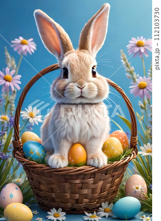White bunny with Easter eggs in nature. 112103730