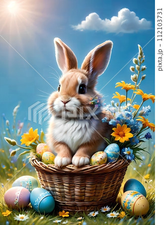 White bunny with Easter eggs in nature. 112103731