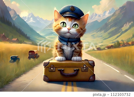 A beautiful young cat with suitcases stands on the road, the cat is a traveler. 112103732