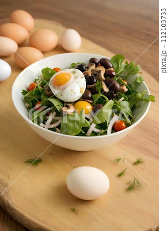 spring salad with lettuce, mushrooms, egg, cheese, herbs and other vegetables in a bowl. 112103733