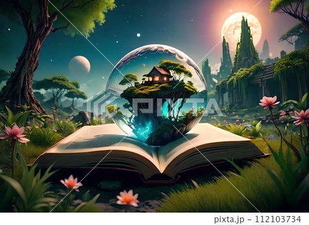 an open book on a path in a beautiful park against the backdrop of a fantastic universe. 112103734