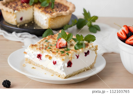 cooked cottage cheese casserole with berry filling in a plate 112103765
