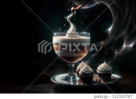 Cup of coffee with milk on a dark background. Hot cappuccino prepared with milk. 112103767