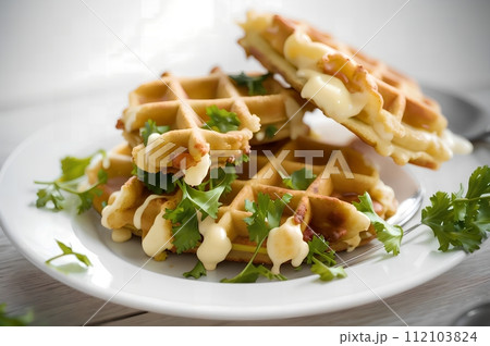 fried Belgian vegetable waffles with spices and herbs 112103824