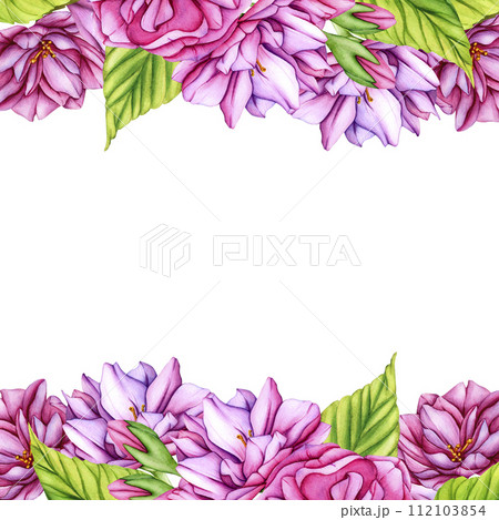 Decoration light pink cherry blossom flowers frame. Watercolor botanical illustration Japanese Sakura flowers in spring. Hand drawn flower buds, petals cherry blossoms Decoration light pink cherry blossom flowers frame. Watercolor botanical illustration Japanese Sakura flowers in spring. Hand drawn flower buds, petals cherry blossoms 112103854