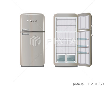 Modern fridges. Realistic coolers, refrigerators for home or restaurant kitchen and cold products storage. 3d Vector Modern fridges. Realistic coolers, refrigerators for home or restaurant kitchen and cold products storage. 3d Vector 112103874