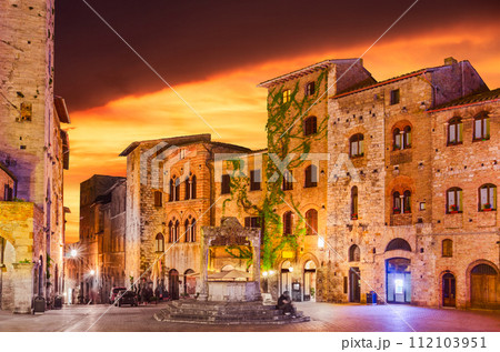 San Gimignano, Tuscany. Piazza della Cisterna in night, Italy travel landscape. San Gimignano, Tuscany. Piazza della Cisterna in night, Italy travel landscape. 112103951