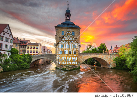 Bamberg, Germay. Beautiful small town of Bavaria, colored sunset sky.. 112103967