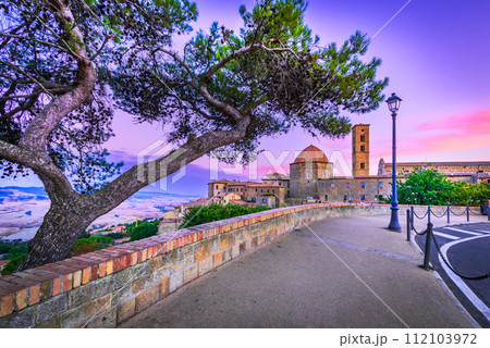 Volterra, Tuscany - Colored sunrise, tuscan city in Italy, travel destination. 112103972
