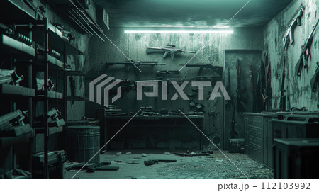 Room with weapon and army equipment, guns in boxes and on wall in dark storage, illegal smuggle arsenal. Concept of war, store, military industry, background, package 112103992