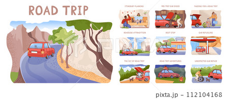 Couple road trip set. Young man and woman going on vacation by a car. Characters driving a car on a summer holidays, traveling the world together. Flat vector illustration 112104168