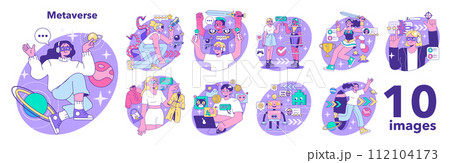 Metaverse set. VR futuristic technology. Digital environment or online virtual platform. Character in augmented reality and cyberspace. Flat vector illustration Metaverse set. VR futuristic technology. Digital environment or online virtual platform. Character in augmented reality and cyberspace. Flat vector illustration 112104173