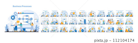 Business processes set. A panoramic view of essential business processes. Detailing strategic, financial, and operational management for efficiency and growth. Flat vector illustration. Business processes set. A panoramic view of essential business processes. Detailing strategic, financial, and operational management for efficiency and growth. Flat vector illustration. 112104174