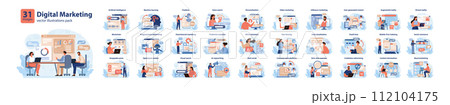 Digital marketing set. Marketing strategy development innovative techniques, tools and services. Web marketing technologies for brand online promotion. Flat vector illustration Digital marketing set. Marketing strategy development innovative techniques, tools and services. Web marketing technologies for brand online promotion. Flat vector illustration 112104175