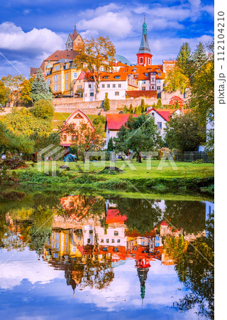 Loket, Czech Republic. Charming town, Ohre River in Bohemia, autumn colors. Loket, Czech Republic. Charming town, Ohre River in Bohemia, autumn colors. 112104210