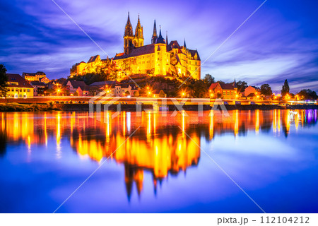 Meissen, Germany. Twilight blue sky, Albrechtsburg castle and cathedral on the River Elbe, Saxony. 112104212