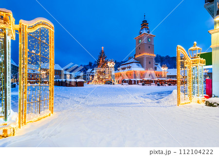 Brasov, Romania. Winter landscape with Christmas Market, beautiful Transylvania. 112104222