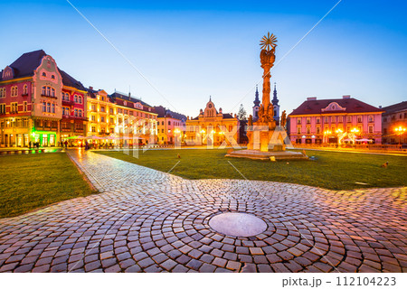 Timisoara, Banat. Baroque beautiful Union Square, travel in Romania, twilight image. 112104223