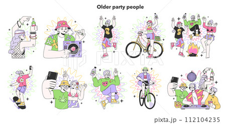 Mature characters dancing and drinking alcohol at festival campsite set. Senior woman and man having a party. Summertime leisure at the camp. Flat vector illustration Mature characters dancing and drinking alcohol at festival campsite set. Senior woman and man having a party. Summertime leisure at the camp. Flat vector illustration 112104235