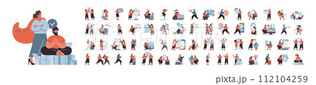 Workplace dynamics set. A diverse series of scenarios showcasing professionals navigating corporate life, from strategic planning to tech interaction. Inclusive, modern workplace themes. Flat vector. 112104259