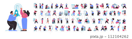 Corporate life set. Diverse scenarios of professional engagement, from presentations to financial planning. Flat vector illustration. 112104262