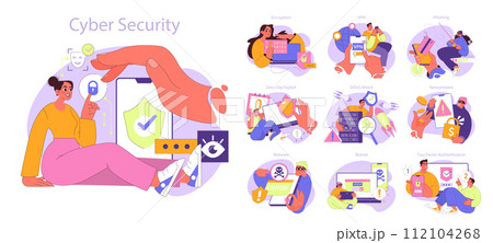 Vector illustration emphasizing cyber security: from encryption and VPNs to ransomware and DDoS attacks. Vividly portrays digital challenges and protective measures for tech enthusiasts 112104268