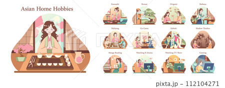 Asian people hobbies set. Characters enjoying their free time by doing leisure activities at home. Japanese woman and man in traditional clothes. Flat vector illustration 112104271