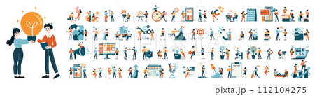 Business People set. Various office scenarios and team interactions. Productivity growth, strategy planning, and goal achievement. Flat vector illustration 112104275