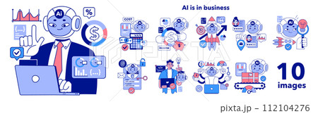 Artificial intelligence in business set. AI-powered production, management and marketing. Self-learning computing system processing data for company profit growth. Flat vector illustration Artificial intelligence in business set. AI-powered production, management and marketing. Self-learning computing system processing data for company profit growth. Flat vector illustration 112104276
