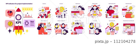 KPI indicators for project implementation set. Key performance indicators for project management. Indicators helping to measure project development or personnel performance. Flat vector illustration KPI indicators for project implementation set. Key performance indicators for project management. Indicators helping to measure project development or personnel performance. Flat vector illustration 112104278