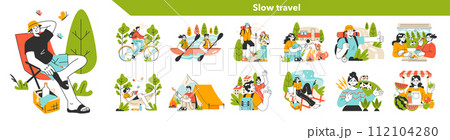 Slow traveling. Slow life principles and activity. Outdoor relaxation or traveling. Modern practice for body and mind wellness. Flat vector illustration 112104280
