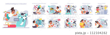 AI in children education set. Little school kid gaining knowledge with help of artificial intelligence. School course study with virtual assistant. Flat Vector illustration AI in children education set. Little school kid gaining knowledge with help of artificial intelligence. School course study with virtual assistant. Flat Vector illustration 112104282