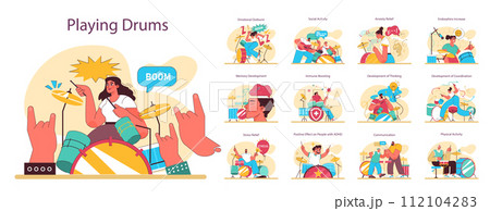Character playing drums set. Creative hobby positive effects. Drummer practising or performing music, playing musical instrument. Flat vector illustration Character playing drums set. Creative hobby positive effects. Drummer practising or performing music, playing musical instrument. Flat vector illustration 112104283