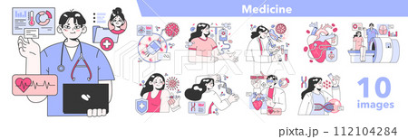 Healthtech set. Innovative diagnosis and treatment methodics. Telemedicine, health monitoring, laboratory research. Modern technologies for disease prevention and treatment. Flat vector illustration 112104284