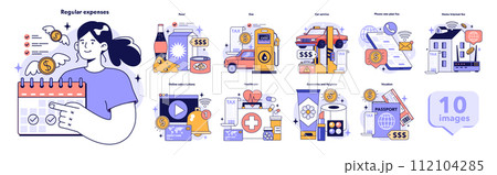 Family budgeting set. Personal currency balance management, keeping track on your regular expences. Idea of financial planning and well-being. Payments distribution. Flat vector illustration 112104285
