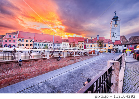 Sibiu, Romania. Lesser Square and Council Tower, Transylvania travel place. 112104292