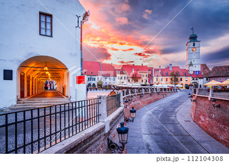 Sibiu, Romania. Lesser Square and Council Tower, Transylvania travel place. Sibiu, Romania. Lesser Square and Council Tower, Transylvania travel place. 112104308