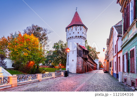 Sibiu, Romania. Medieval Carpenters Tower, Transylvania beautiful cities. Sibiu, Romania. Medieval Carpenters Tower, Transylvania beautiful cities. 112104316