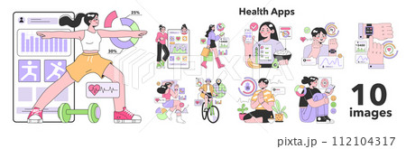 Health applications set. Characters using digital device and gadgets to monitor body activity and mental health. Heartbeat, temperature control and pedometer. Flat vector illustration Health applications set. Characters using digital device and gadgets to monitor body activity and mental health. Heartbeat, temperature control and pedometer. Flat vector illustration 112104317