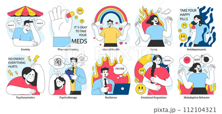 Neurosis set. Chronic stress and anxiety mental disorder. Character feeling despair, suffering from panic attack. Psychotherapy and pharmacotherapy treatment. Flat vector illustration 112104321