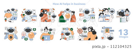Help of Artificial intelligence for business. AI-powered production, management and marketing. Self-learning computing system processing big data. Flat vector illustration 112104325
