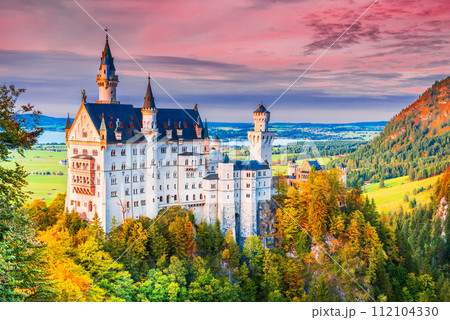 Neuschwanstein, Germany. Famous bavarian fairytale castle, autumn in Bavarian Alps, Bayern. Neuschwanstein, Germany. Famous bavarian fairytale castle, autumn in Bavarian Alps, Bayern. 112104330
