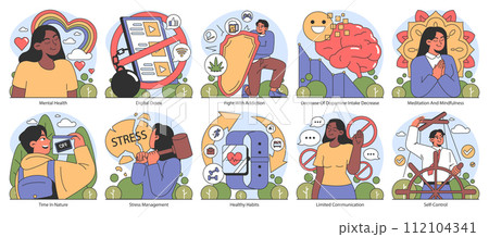 Dopamine fasting set. Engaging in mindful practices and reducing addictive behaviors. Fostering mental wellness, embracing nature, and practicing self-control. Flat vector illustration. 112104341